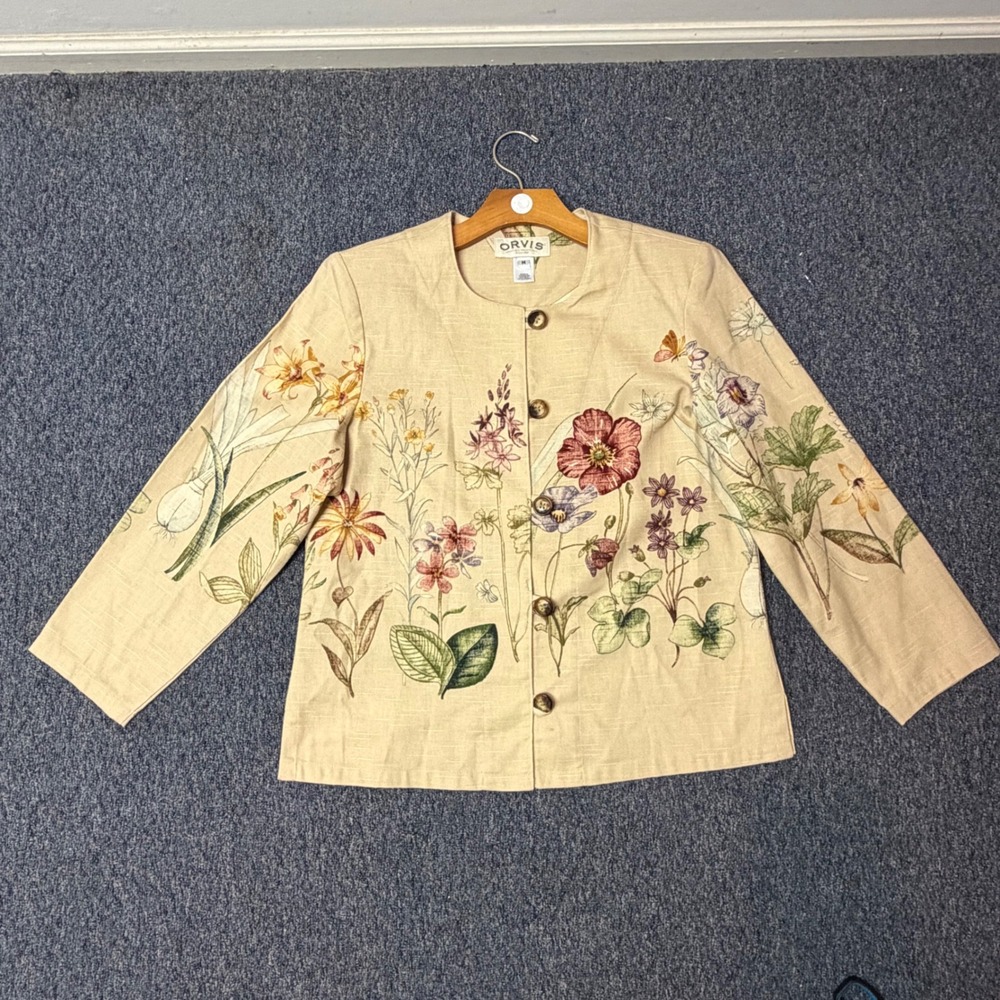 Orvis Botanical Wildflower Print Jacket Beige Linen Blend Button Front Womens M
